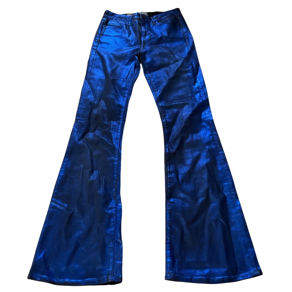 River Island Metallic Blue Foil Flare Jeans Womens Size 8 High‎ Rise Retro Pants
